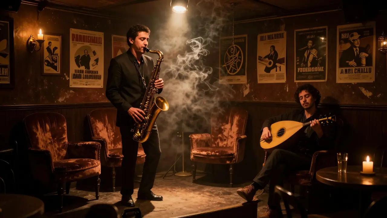 Dim jazz club basement with saxophonist playing under amber light, patrons lost in music.