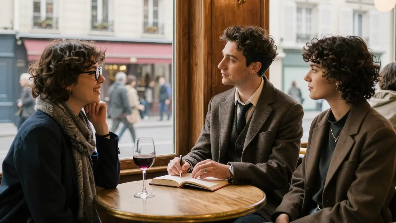 Diverse companions in a Montmartre café — student, male escort, and non-binary companion — enjoying conversation in warm light.
