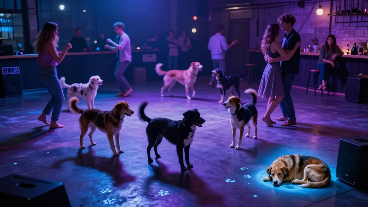 Dogs dancing gently under moonlit string lights in a warehouse turned pet-friendly club.