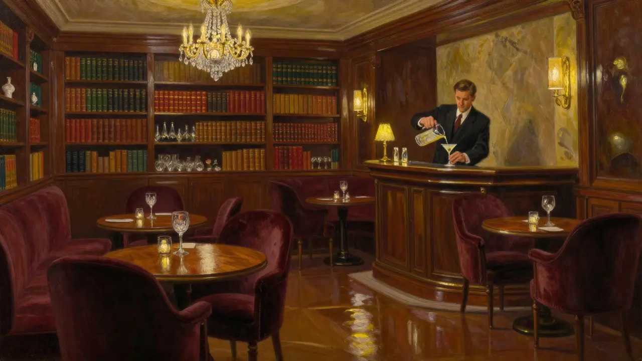 Elegant Bar Hemingway with velvet chairs, crystal chandeliers, and a bartender pouring a classic martini.