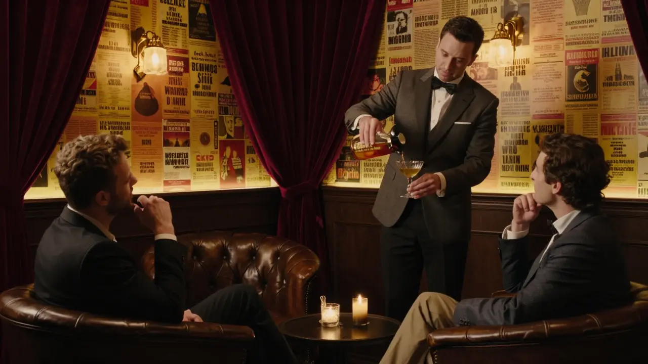 Elegant lounge with vintage playbills on walls, bartender serving a named cocktail to reflective patrons.