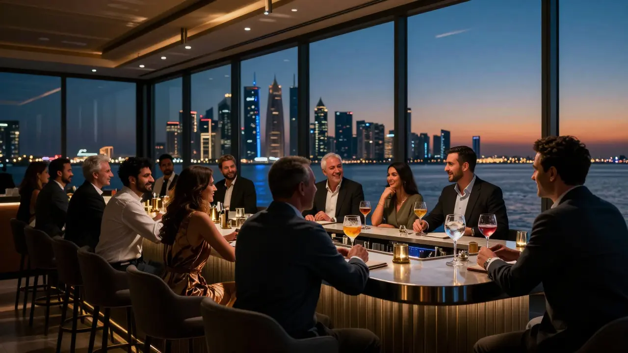 Elegant Zuma bar on the Corniche with city skyline reflections and guests enjoying cocktails in soft ambient light.