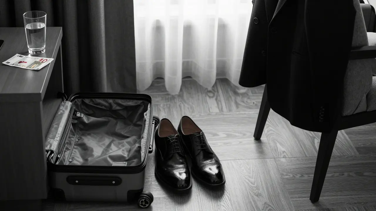 Empty hotel room with dress shoes, a folded euro note, and a glass of water on the nightstand, morning light filtering in.