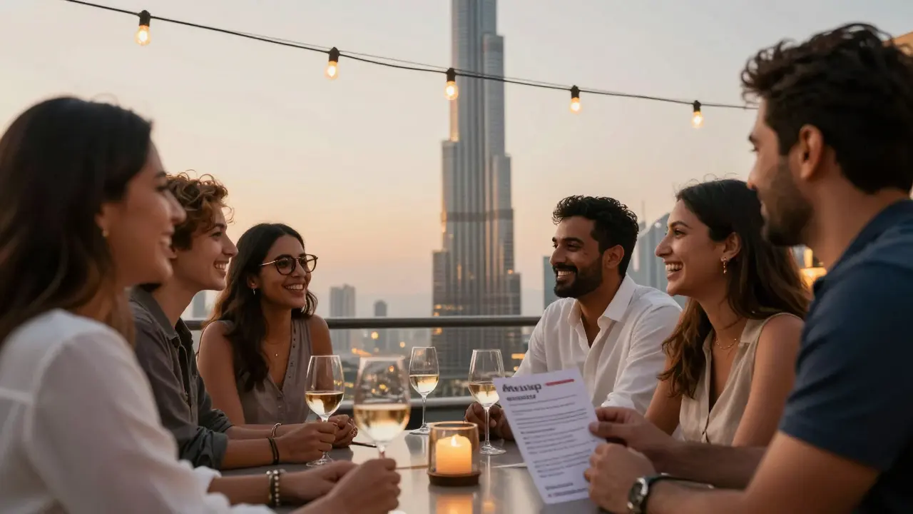 Expats socializing at a rooftop bar with Burj Khalifa lit in the background.