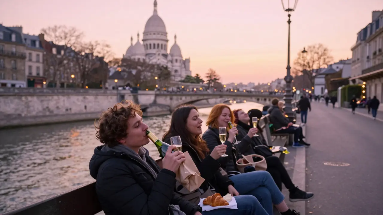 Friends enjoying champagne at sunrise on a Montmartre bench, Paris skyline glowing softly behind them.