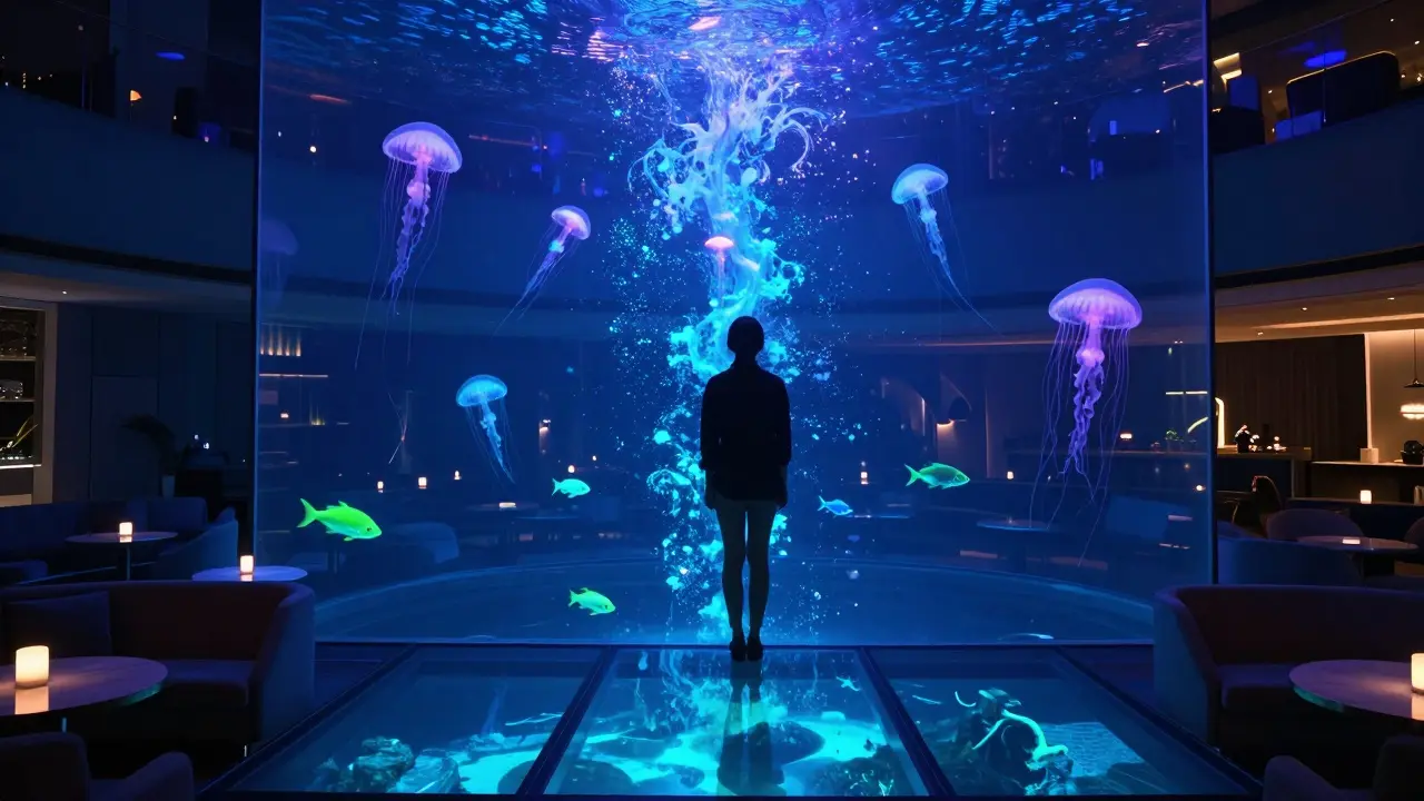 Glass floor over a glowing neon aquarium with jellyfish drifting below, casting an ethereal light in a luxury lounge.