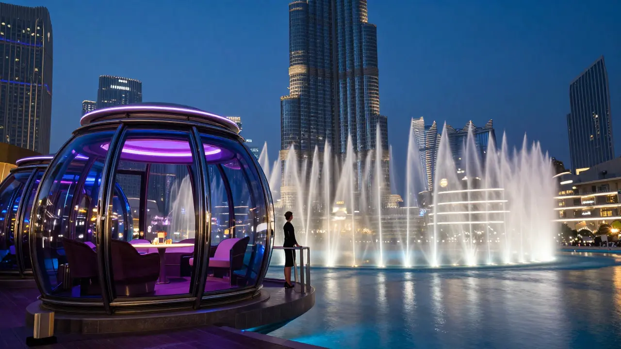 Glass pod suspended over the Dubai Fountain at night, water jets blurred into silk streams under the Burj Khalifa.