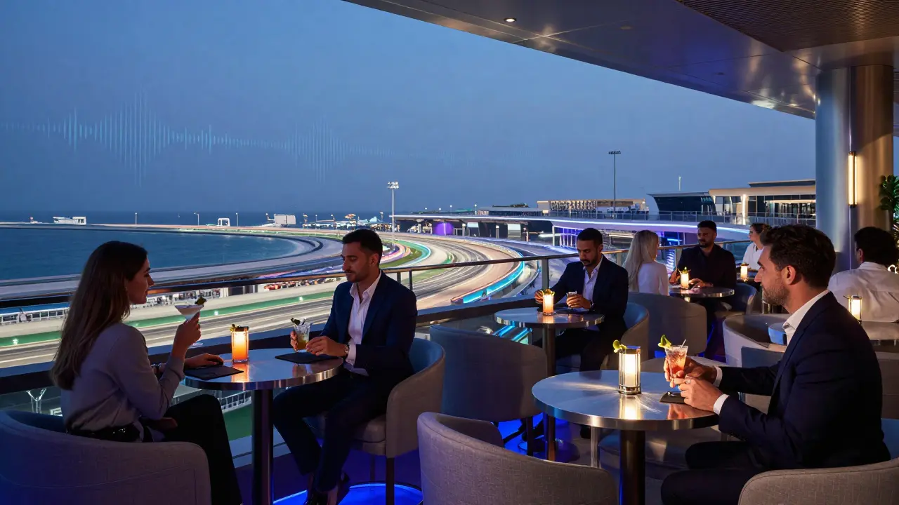 Guests enjoying craft cocktails on a sleek rooftop lounge with views of a lit racing track under twilight skies.
