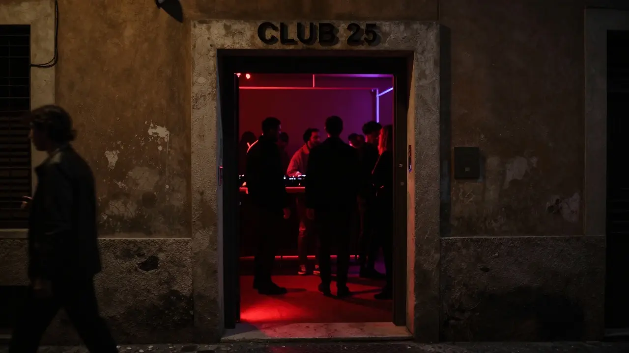 Hidden entrance to Club 25 with red light glowing beneath a dark door in an alley.
