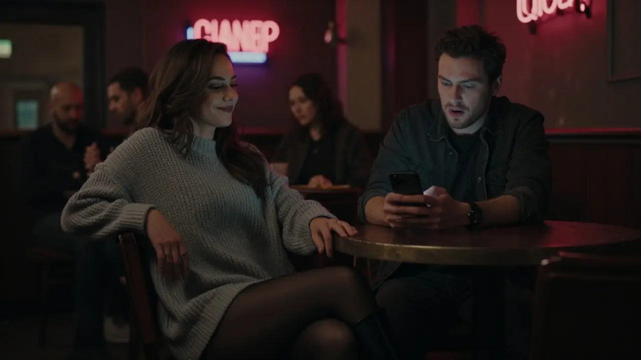 In a dim Berlin bar, a woman smiles as a man looks up from his phone, the space between them charged with unspoken connection.