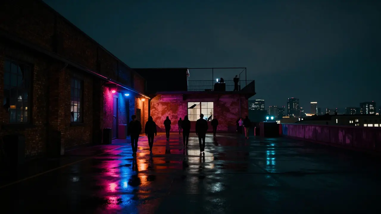 Industrial warehouse club Ex Dogana at night with pulsing lights and silhouetted crowd.