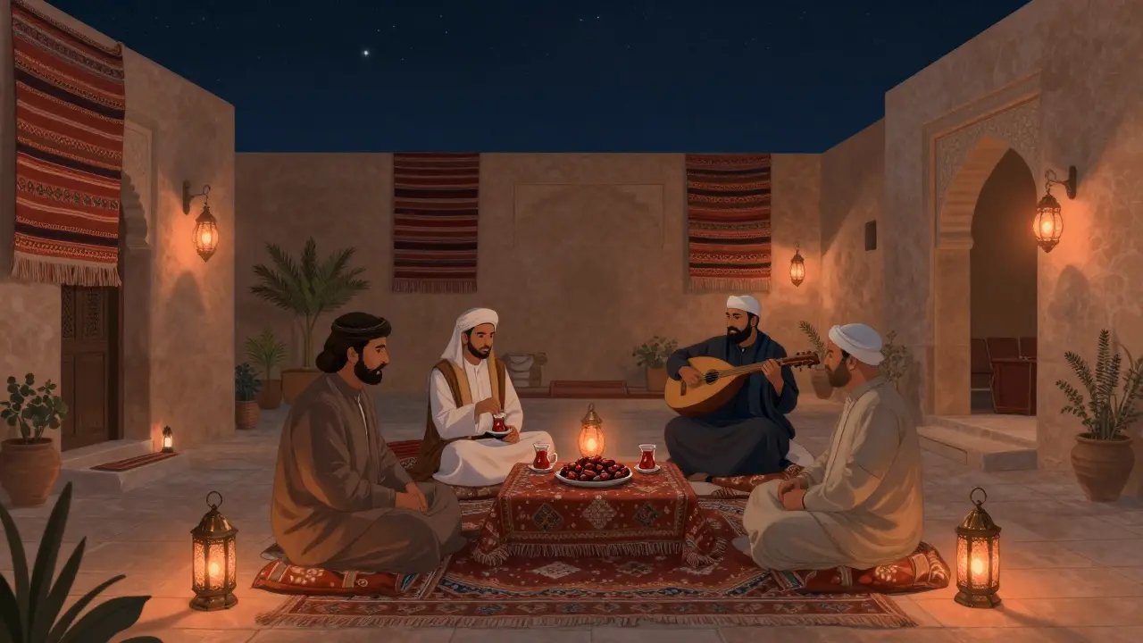 Lantern-lit courtyard at Al Muneera with guests enjoying tea and live oud performance under the stars.