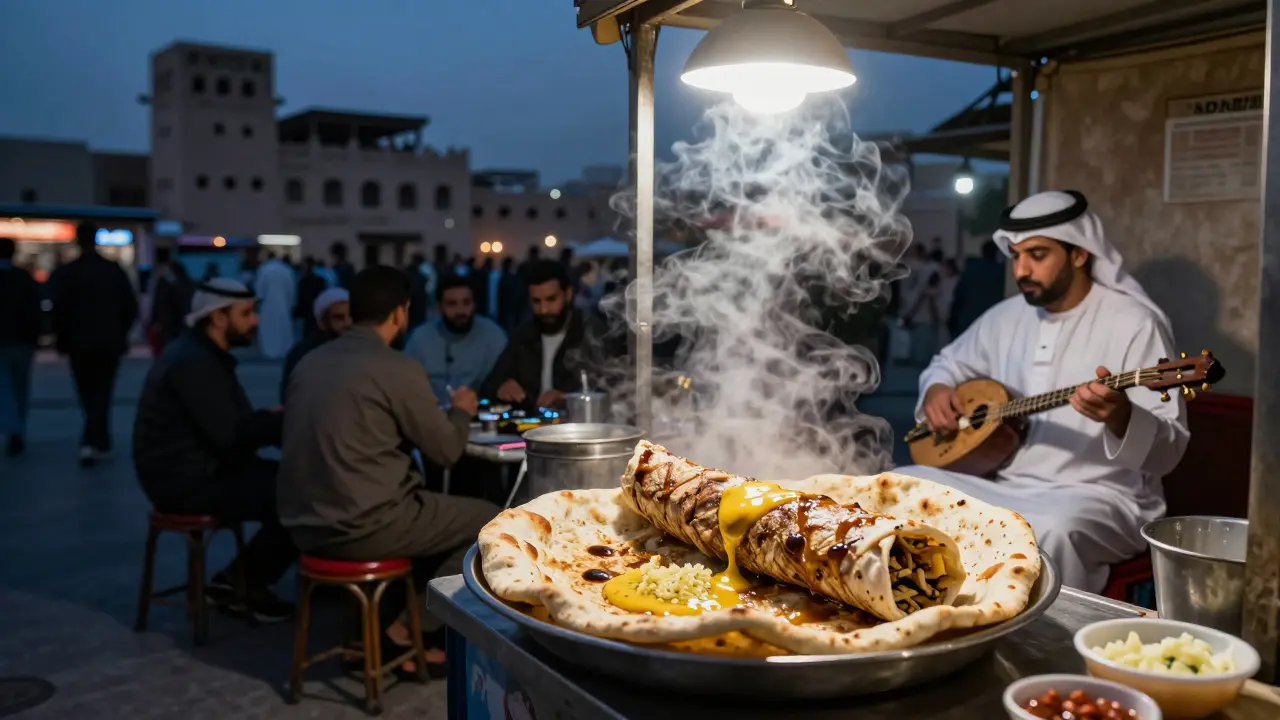 Late-night shawarma stall in Abu Dhabi with steaming food and travelers enjoying it under a warm lamp, cultural music in the background.