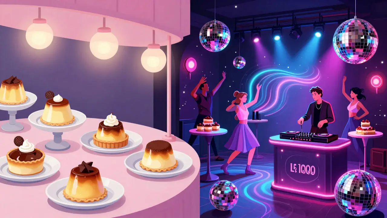 Le 1000 Feuilles transforming from dessert bar to nightclub with pastel sweets turning into neon dance lights.