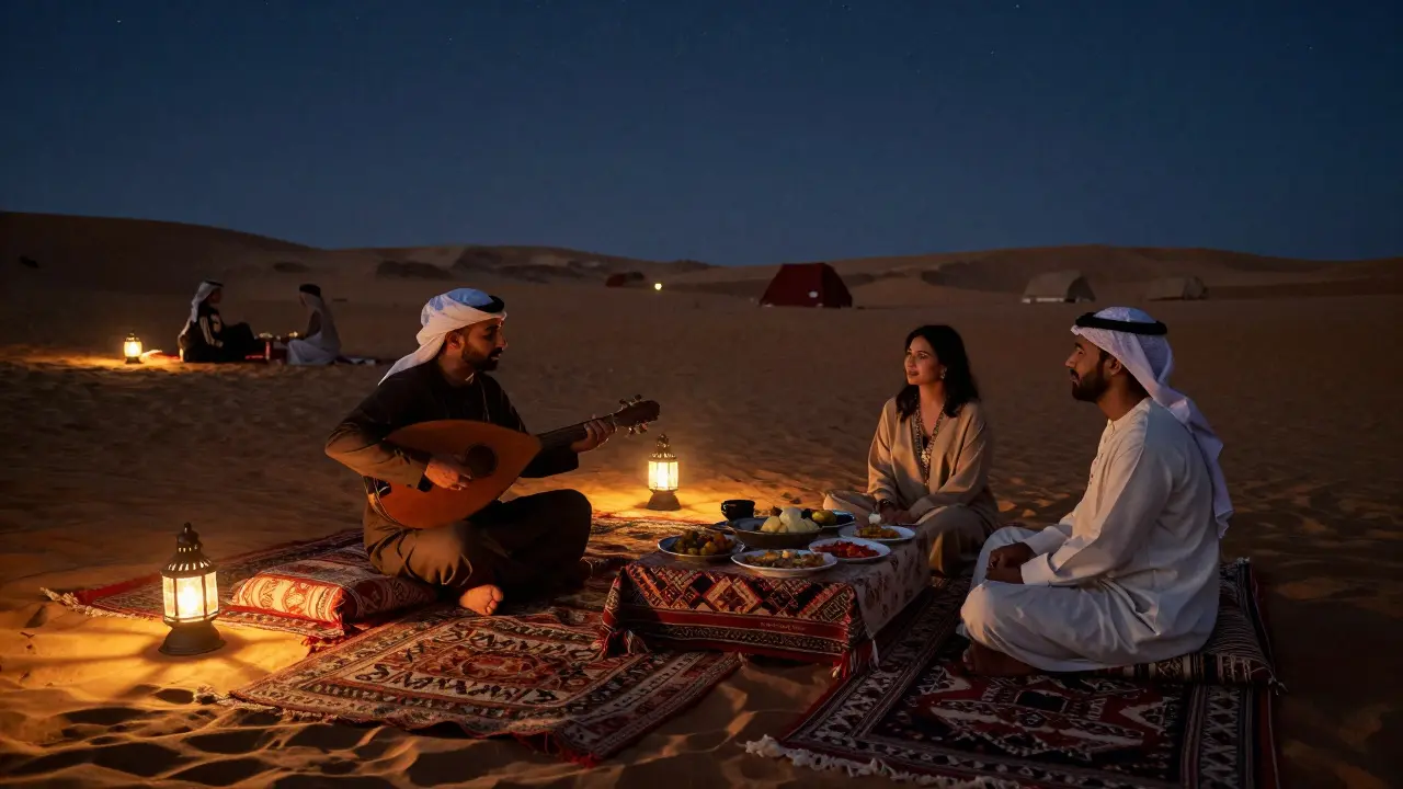 Luxury desert camp under stars with oud music, lanterns, and quiet companionship in Al Marmoom.