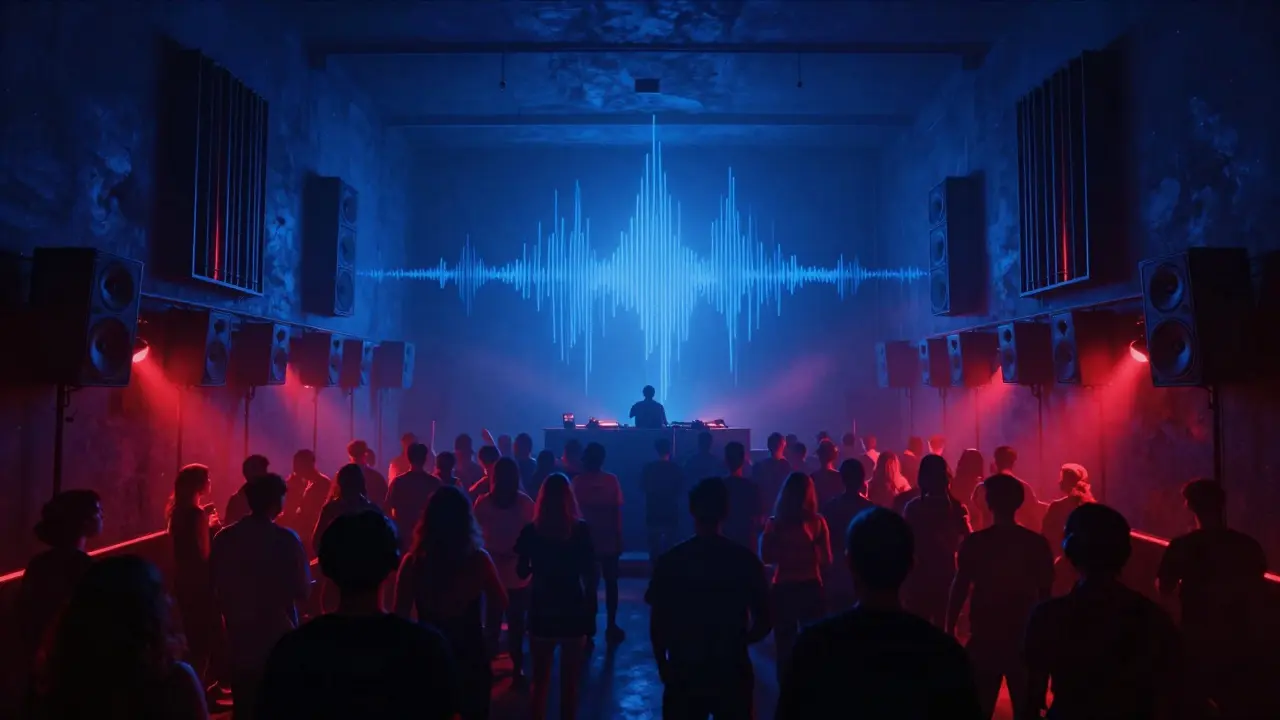 Massive underground club with powerful sound systems and a dense, moving crowd in deep ambient light.