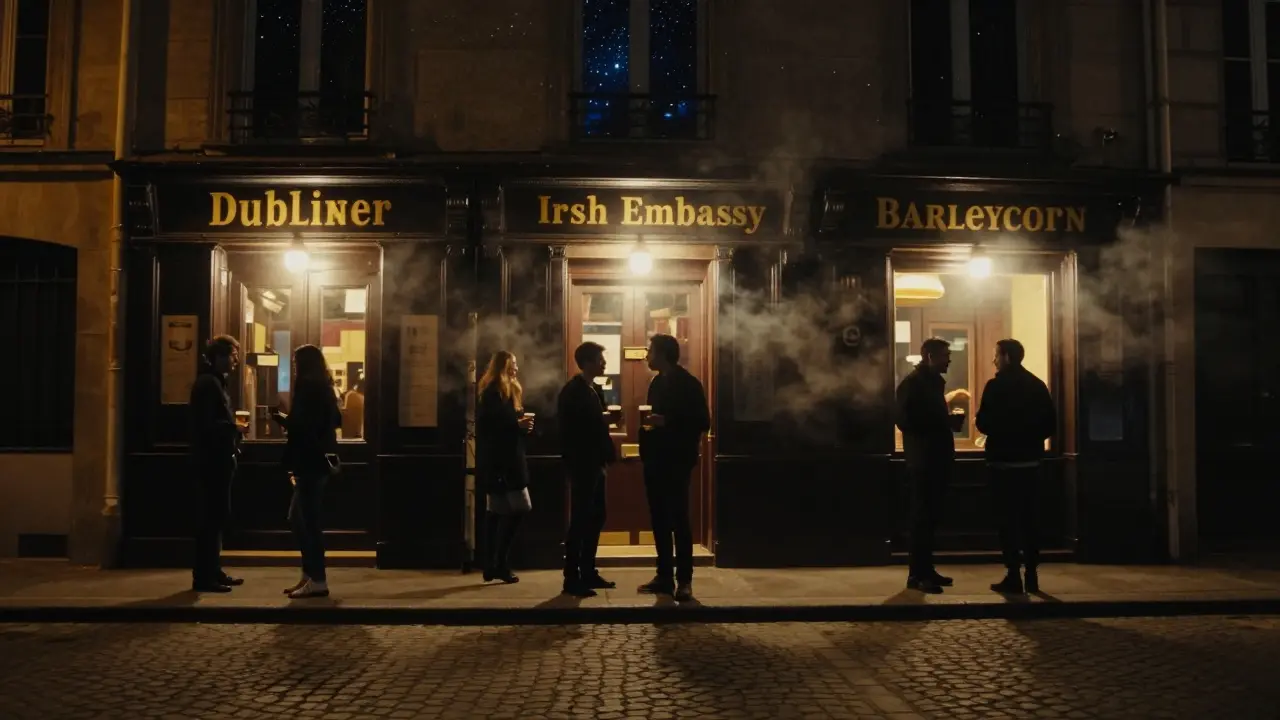 Nighttime pub crawl path through Paris’s 9th arrondissement with glowing doorways and silhouetted patrons.