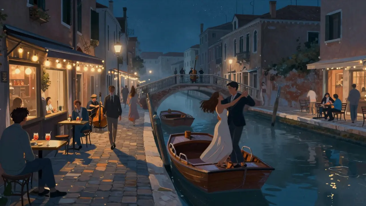 Nighttime scene of Navigli canals with bars, string lights, and people dancing on a bridge.