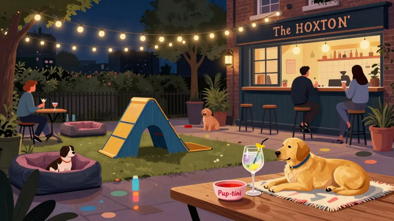 Patrons enjoying cocktails with their dogs at a vibrant outdoor bar featuring a mini agility course.