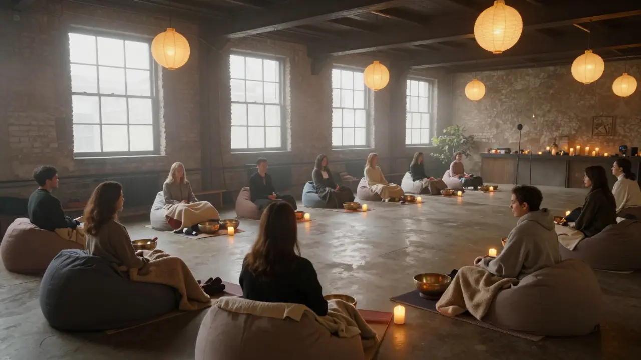 People relax in beanbag chairs under lanterns during a sound bath in a warehouse.