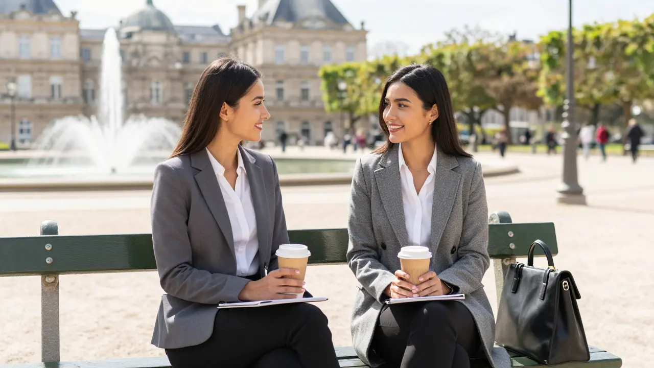 Professional companion and client meeting politely on a park bench near Luxembourg Gardens.