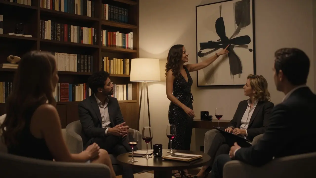 Professionals converse elegantly in a private lounge with books and art, enjoying wine in refined company.