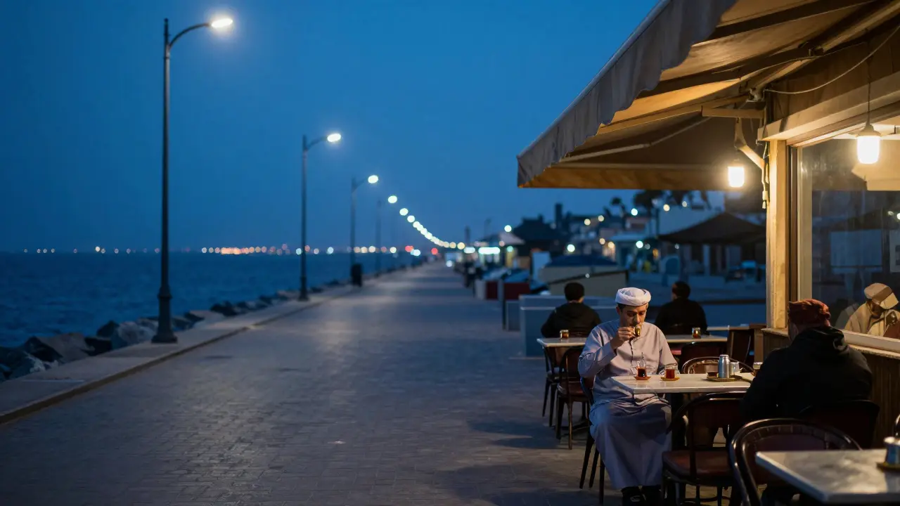 Quiet Corniche walk at night with a local sipping tea at a café, soft city lights in the distance.