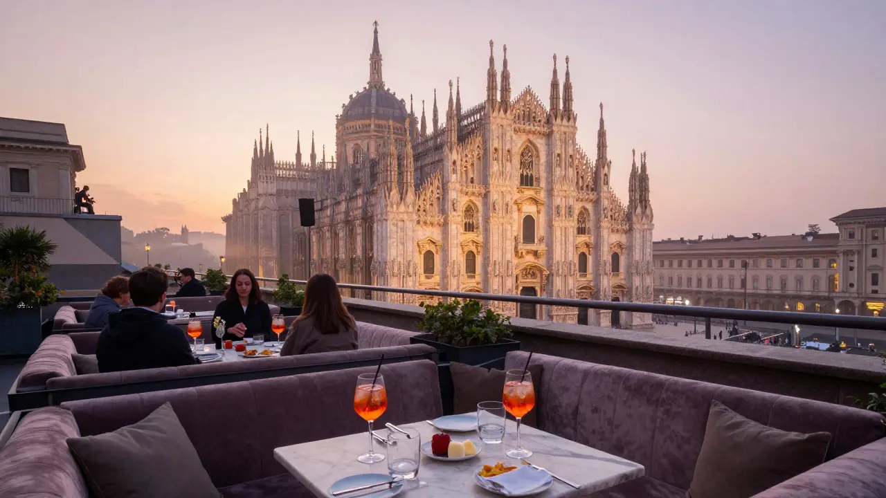 Rooftop terrace at dawn overlooking Milan&#039;s Duomo with empty drinks and a violinist below.