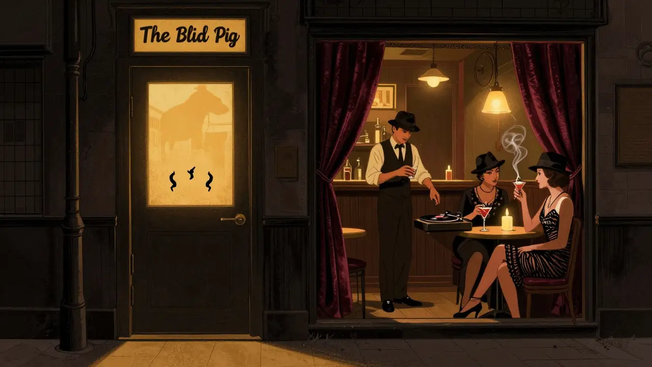 Secret 1920s-style jazz bar hidden in a dark alley, lit by warm lamps and smoke-filled air.