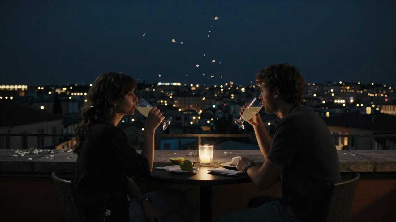 Silent figures on a rooftop terrace at night, overlooking Milan&#039;s glowing city lights.