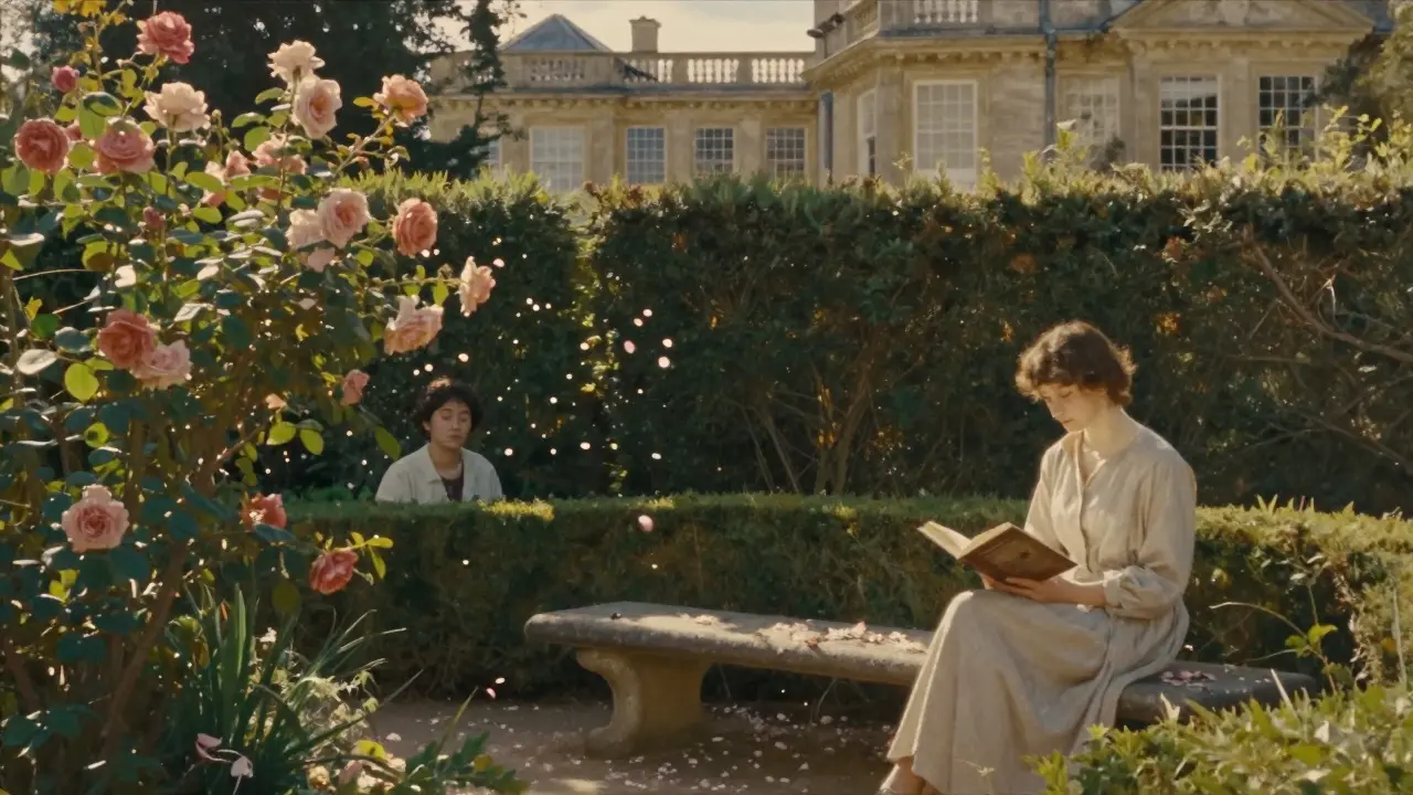 Someone reading aloud in a hidden garden at dawn, another listening quietly among falling rose petals.