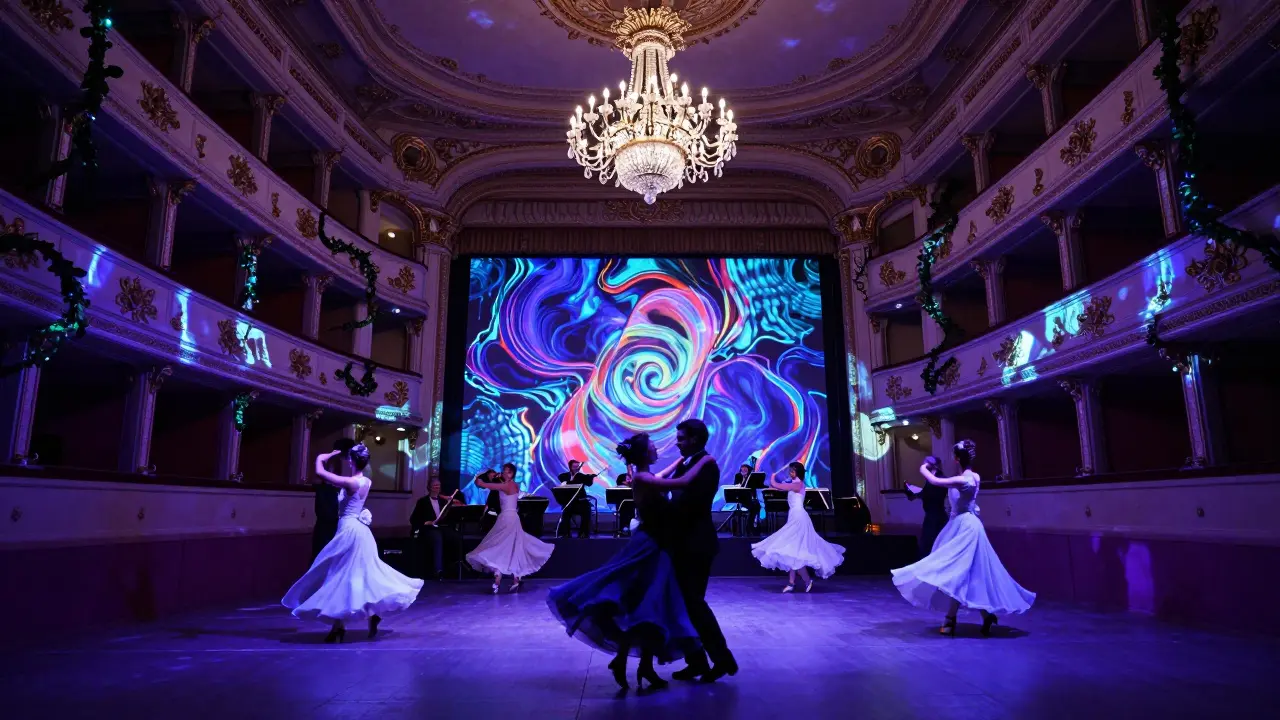 Surreal dance party in a transformed theater with projections and orchestra
