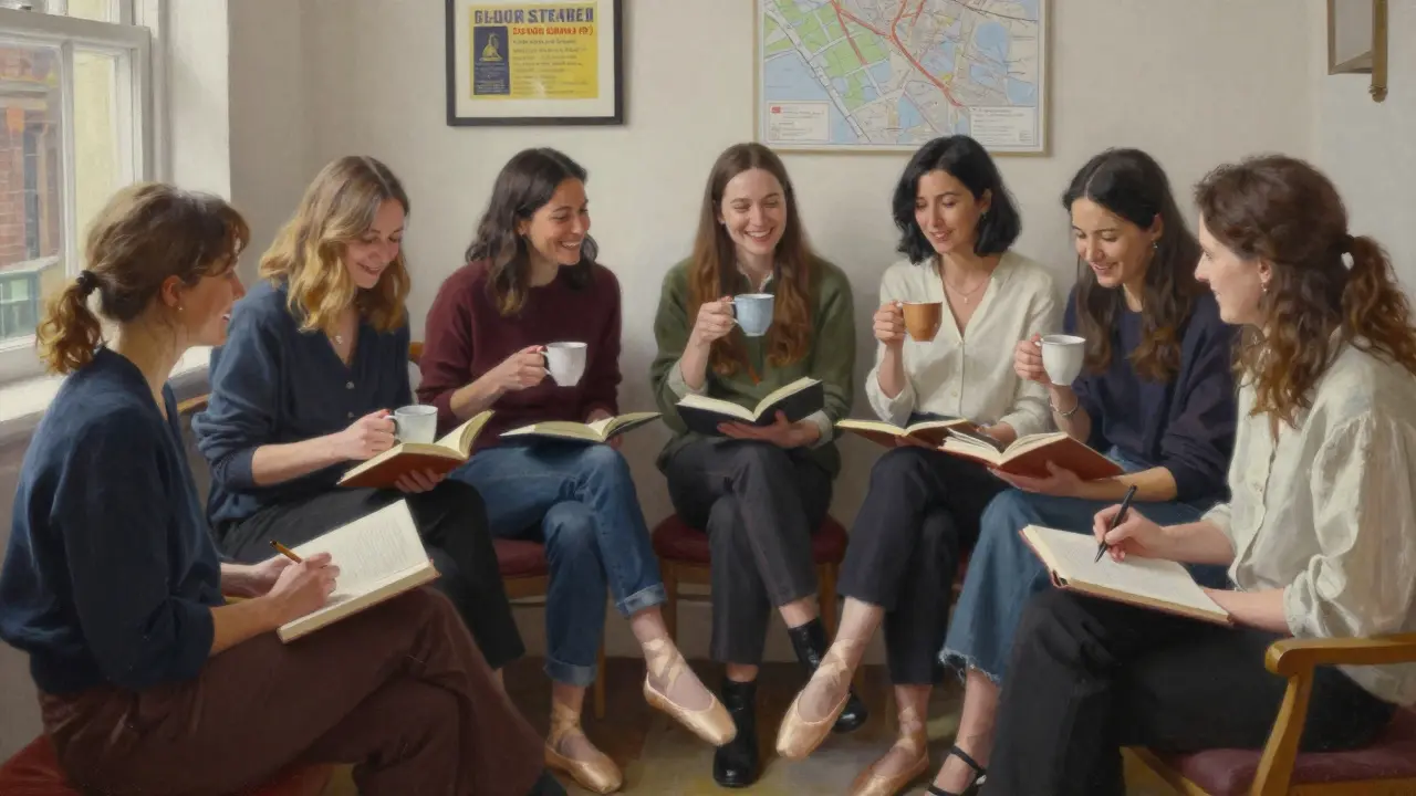 Three professional women in their 30s and 40s share a quiet moment of connection in a sunlit London flat.