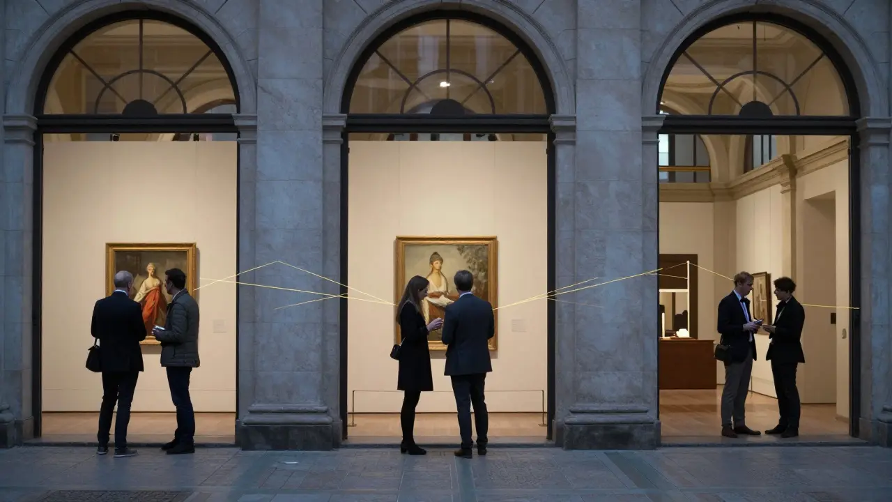 Three refined Milan locations—art gallery, exhibition hall, and opera foyer—connected by subtle golden lines, representing discreet elite connections.