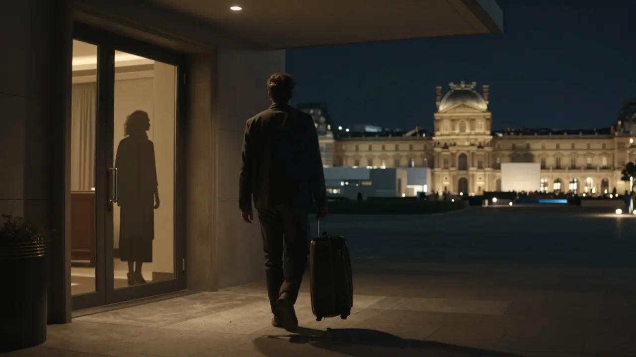 Traveler walking away from hotel at night, Louvre glowing in distance as safer alternative.
