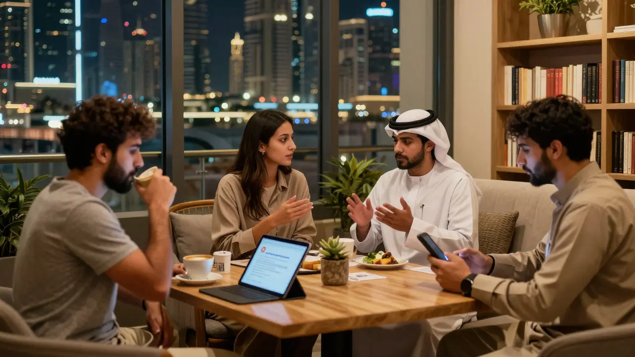 Travelers engaging in authentic social activities in Dubai — coffee, language exchange, and community events.
