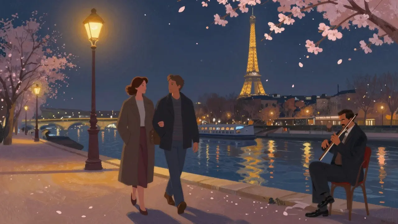 Two figures walk along the Seine at night, the Eiffel Tower glowing in the distance as music plays nearby.