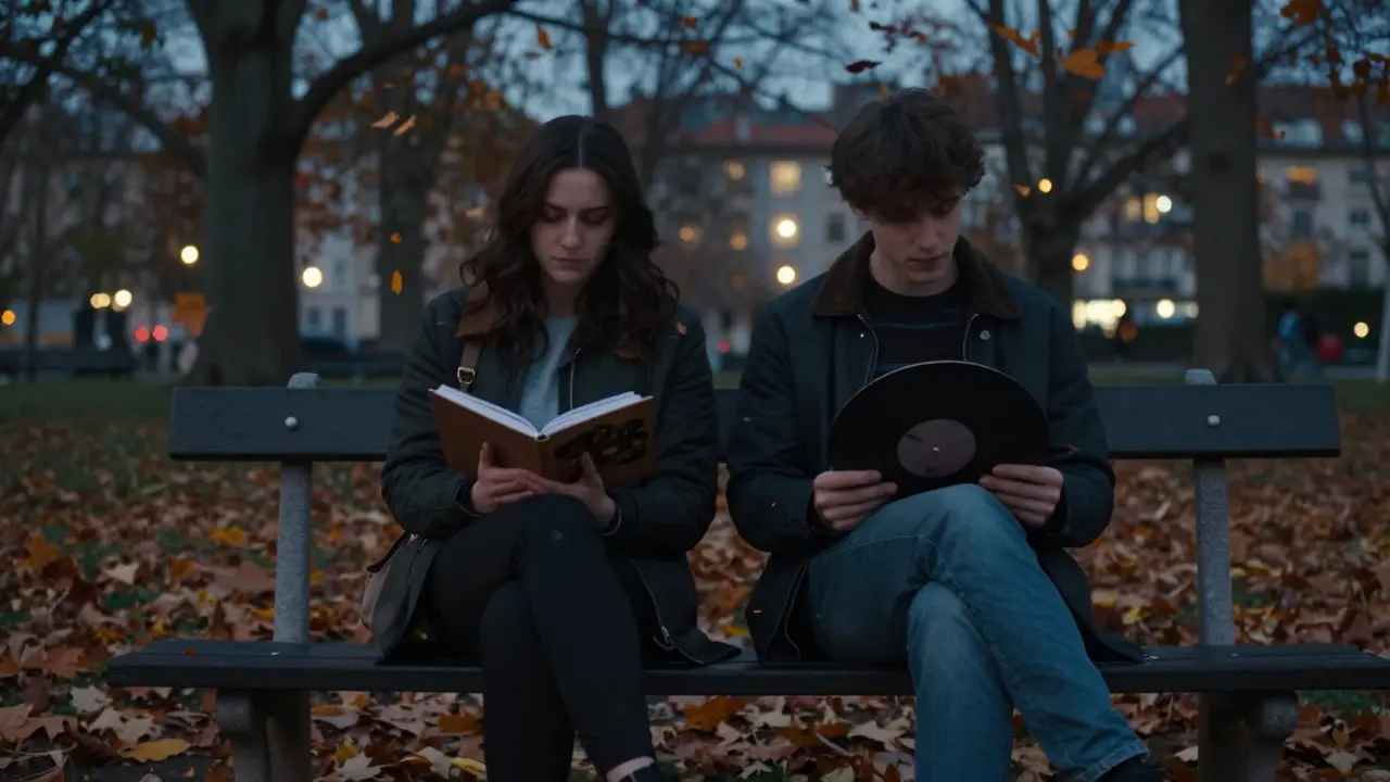 Two people sit on a park bench in Parco Sempione at twilight, sharing a quiet, unspoken connection.