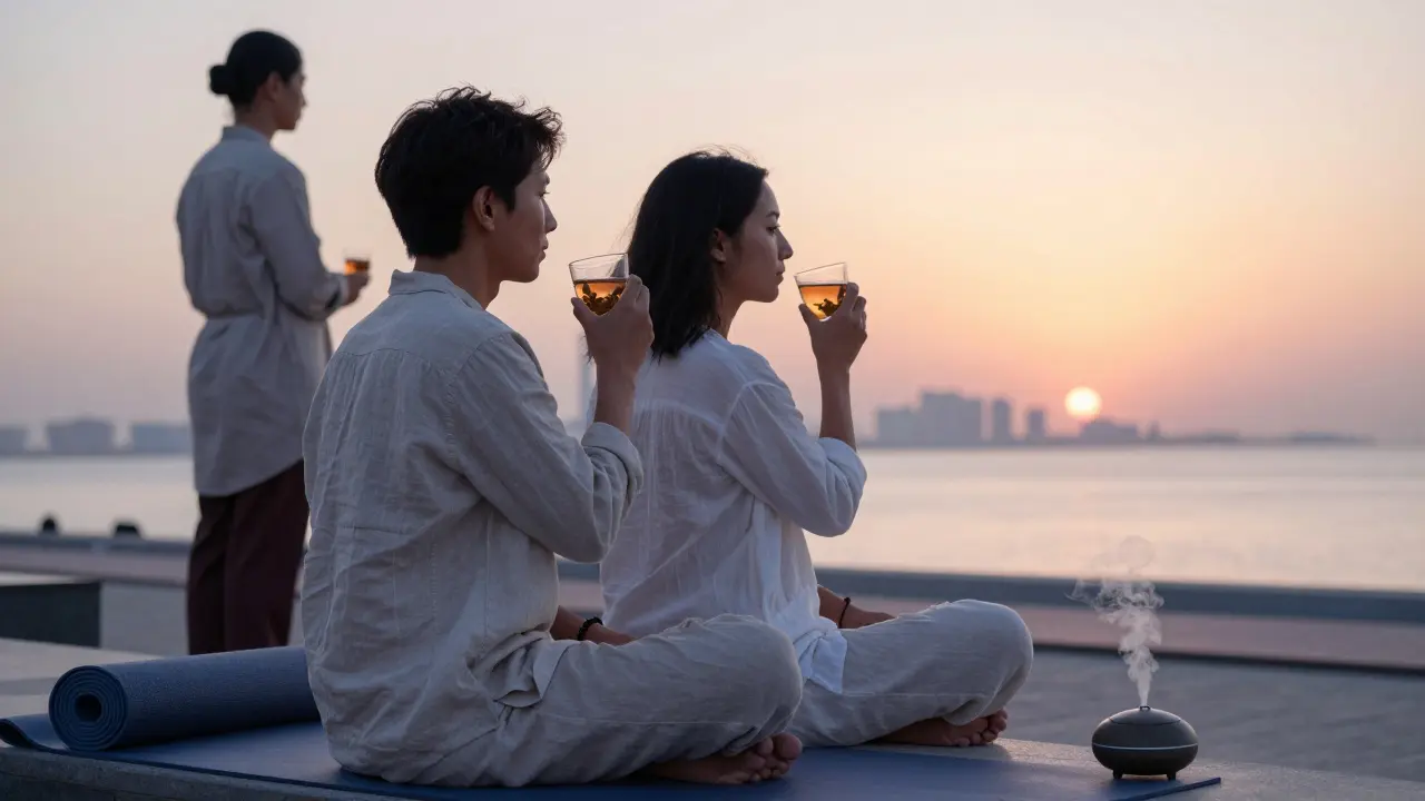 Two people sit peacefully on a beach bench at sunrise, drinking tea and enjoying a calming morning together.