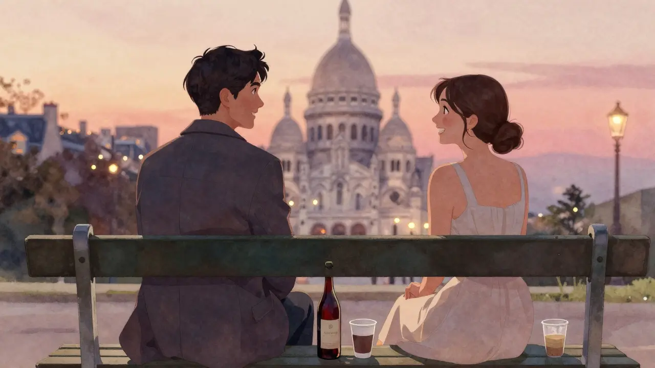 Two people sitting quietly on a bench at sunset, laughing softly as Paris lights twinkle behind them.