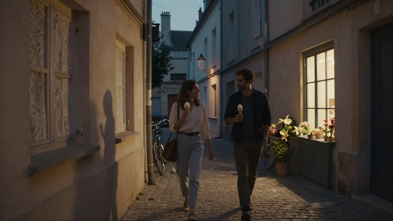 Two people walk hand-in-hand down a quiet cobblestone alley on Île Saint-Louis, holding ice cream cones as lamplight glows from nearby windows.