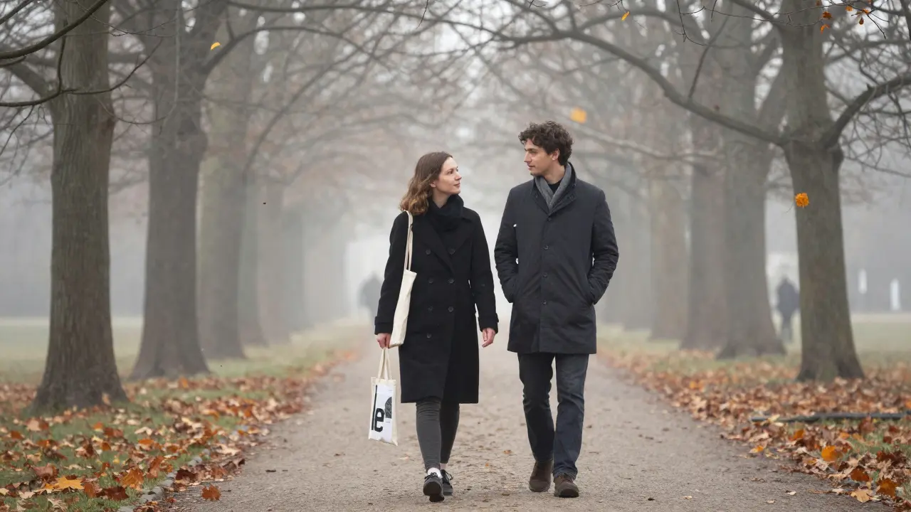 Two people walking peacefully through Tiergarten Park at dawn.