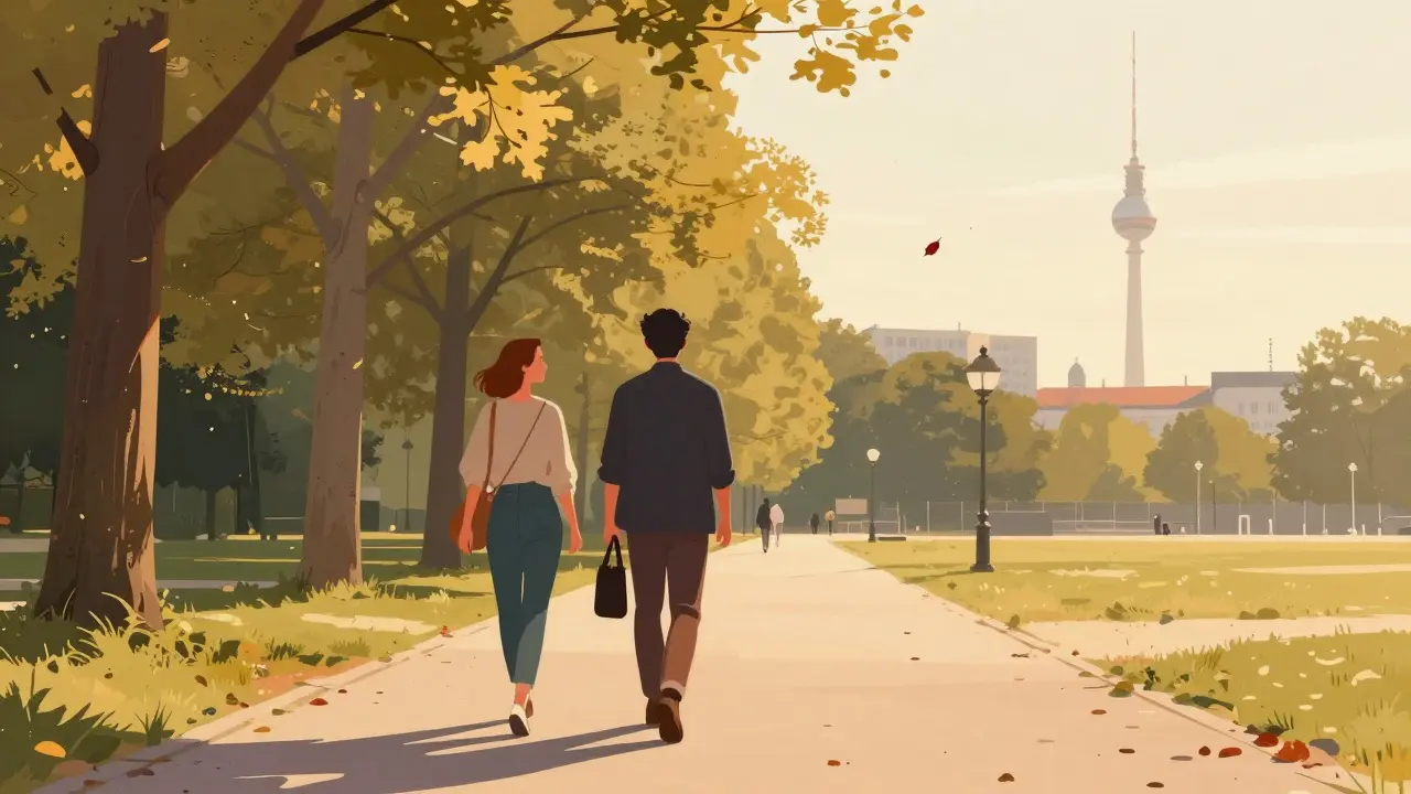 Two people walking peacefully through Tiergarten park at sunset, urban skyline in distance.