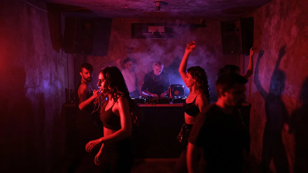 Underground club with dancers under neon lights, raw and energetic atmosphere.
