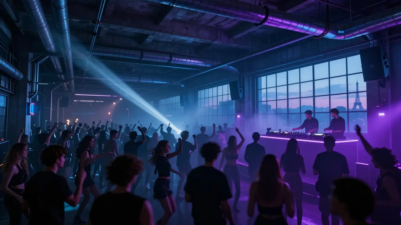 Underground techno club with energetic crowd dancing under strobe lights in an industrial warehouse, Eiffel Tower visible in distance.
