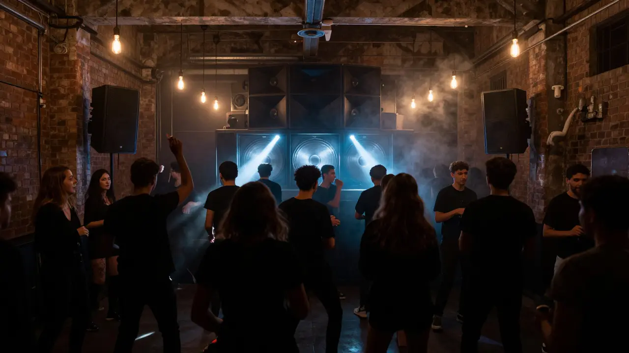 Underground warehouse club in Porta Genova with dancers under pulsing industrial lights.