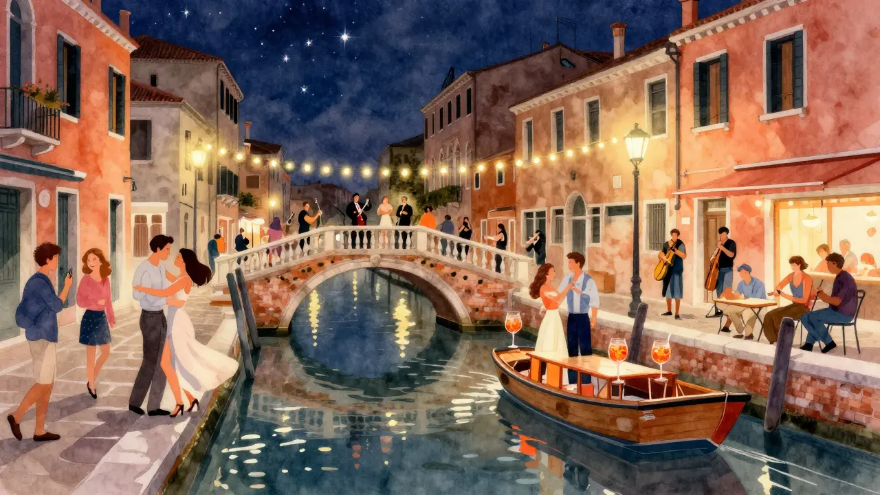 Vibrant Navigli canals lit by string lights, people dancing on bridges under the stars.