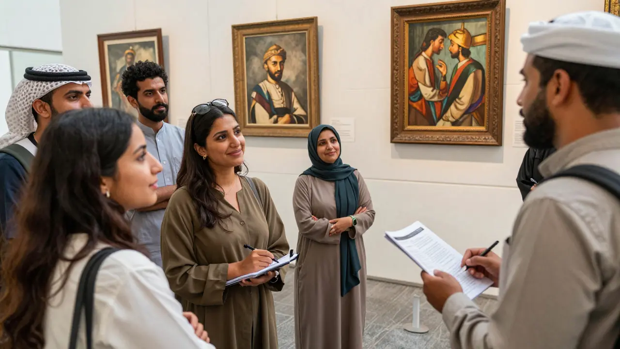 Visitors enjoying a cultural tour at Louvre Abu Dhabi, surrounded by art and natural light.