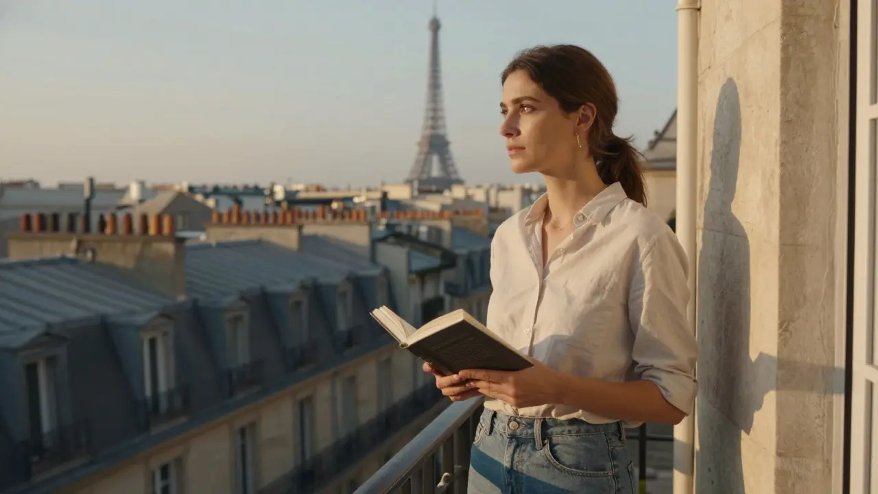 Woman on a Parisian balcony at golden hour, authentic clothing and city view, no photo filters.