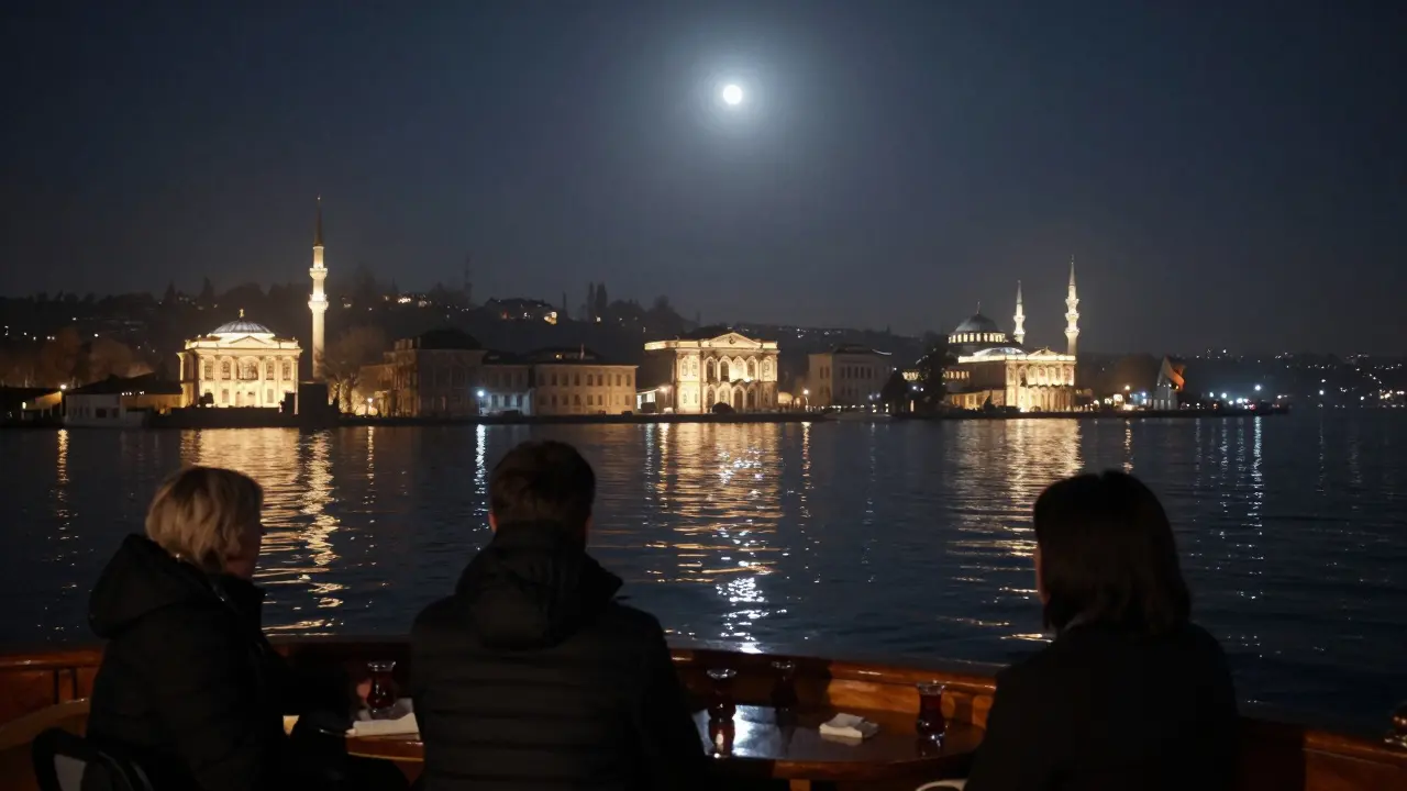 Wooden yacht on the Bosphorus at night, moonlight reflecting on calm water.